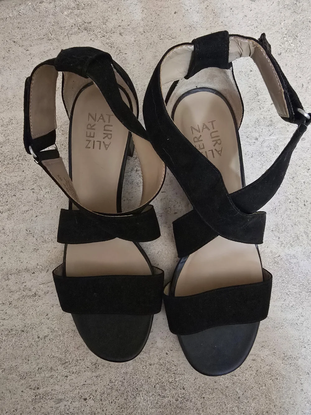 NATURALIZER Black Suede Crisscross Block Heel Sandals - Picture 2 of 5